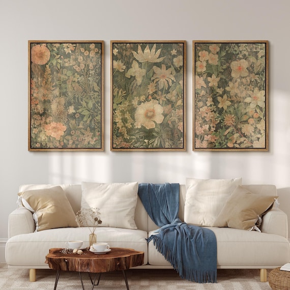 Framed Canvas Wall Art Prints Set of 3 Wildflower Botanical Floral Wall Art Vintage Retro Rustic Wall Art Living Room Decor