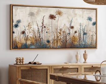 Framed Abstract Wildflower Meadow Wall Art, Neutral Botanical Landscape Canvas Print, Horizontal Nature Decor for Living Room