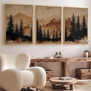 Mountain Forest Wall Art, Large Framed Rustic Landscape with Pine Tree Silhouettes, Vintage Cabin Decor for Lodge, Living Room or Office Set of 3 - Natural