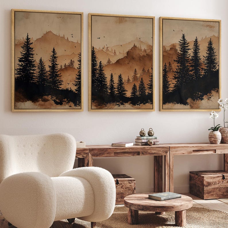 Mountain Forest Wall Art, Large Framed Rustic Landscape with Pine Tree Silhouettes, Vintage Cabin Decor for Lodge, Living Room or Office Set of 3 - Natural