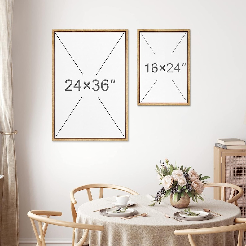 May include: Two framed pictures on a white wall. The larger picture is 24x36 inches and the smaller picture is 16x24 inches.
