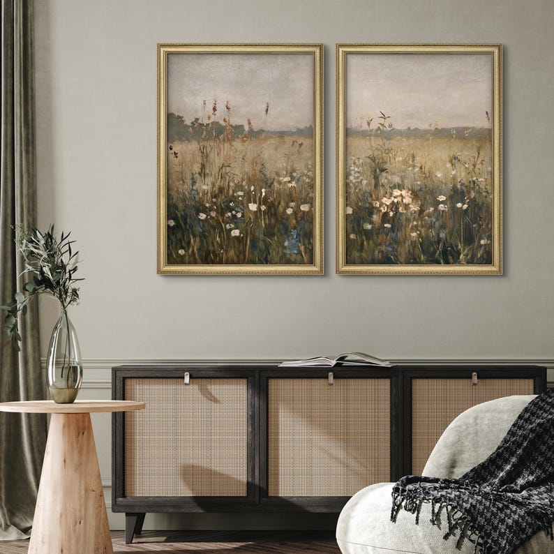 Framed Wildflower Field Wall Art Set of 2, Vintage Pastoral Landscape ...