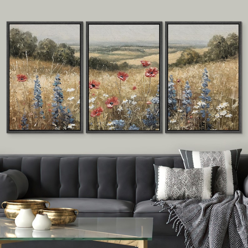 Rustic Wildflower Field Wall Art Set of 3 - Framed Landscape Canvas ...