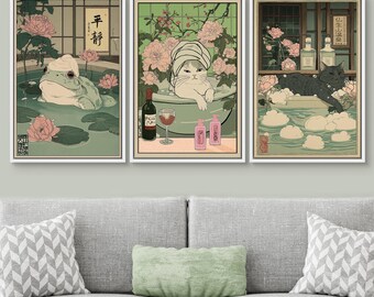 Japanese Bathhouse Art Set of 3 - Framed Playful Frog & Cat Onsen