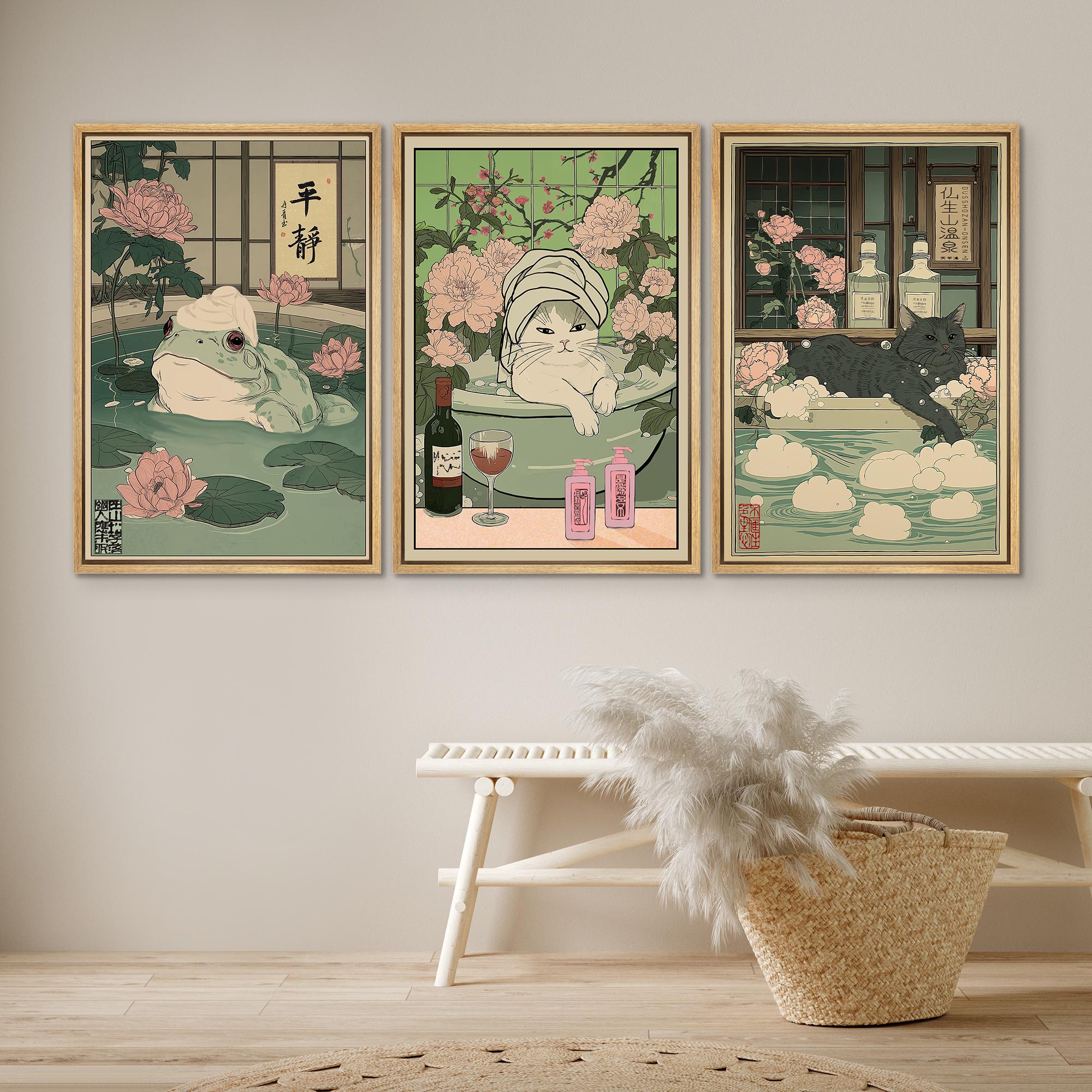 Japanese Bathhouse Art Set of 3 - Framed Playful Frog & Cat Onsen