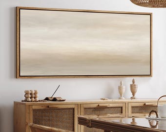 Arte mural de paisaje abstracto: lienzo grande enmarcado en beige y gris neutro, obra de arte minimalista y relajante para la sala de estar o el dormitorio.