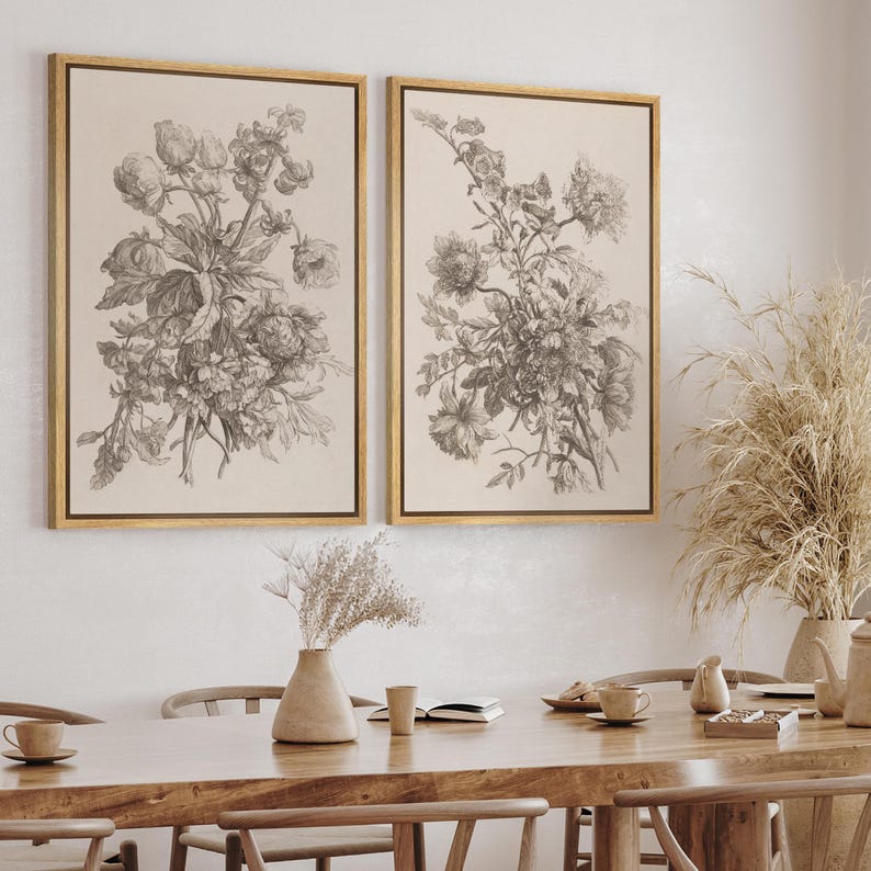 Framed Vintage Floral Wall Art Set of 3, Botanical Sketch Canvas Prints ...