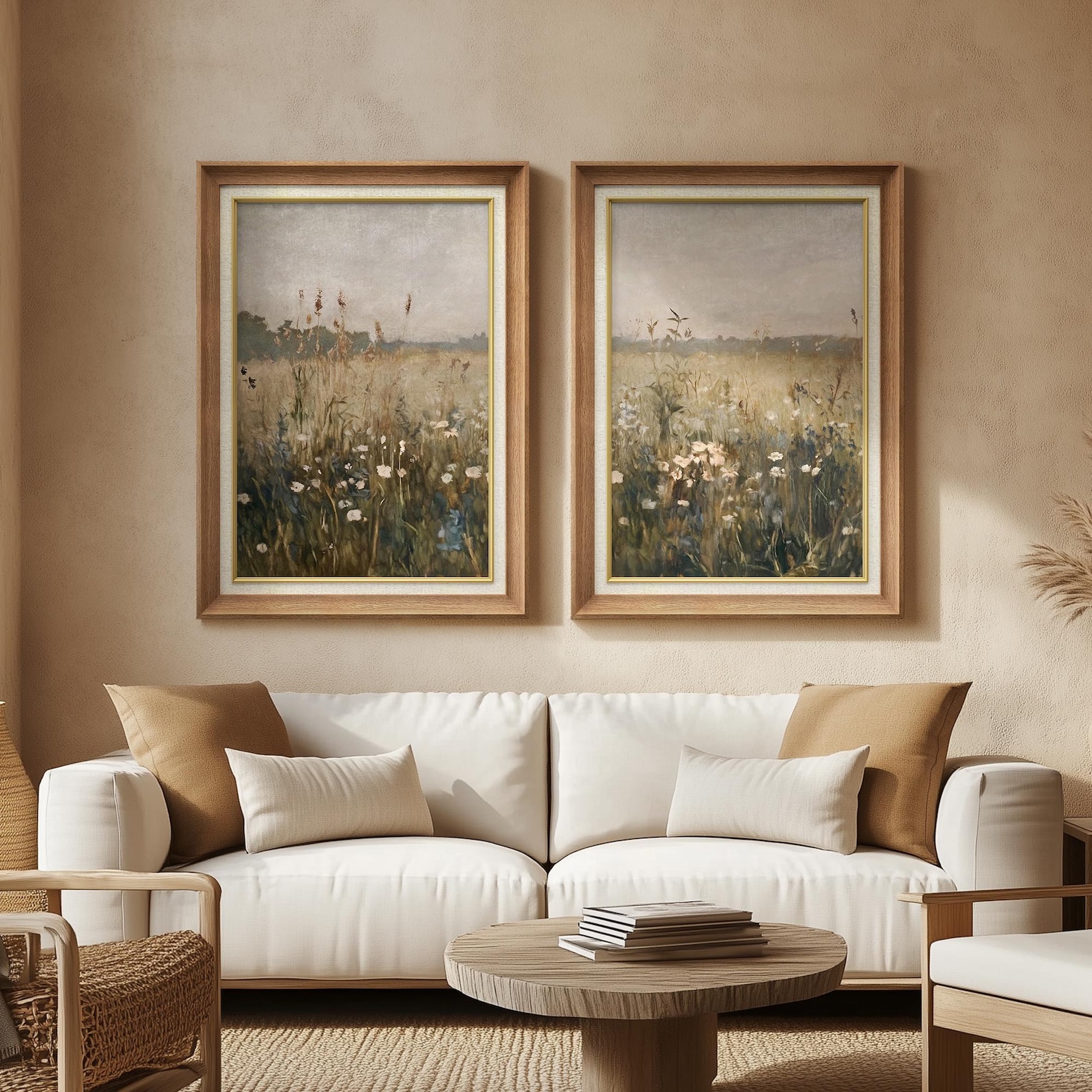 Framed Wildflower Field Wall Art Set of 2, Vintage Pastoral Landscape ...