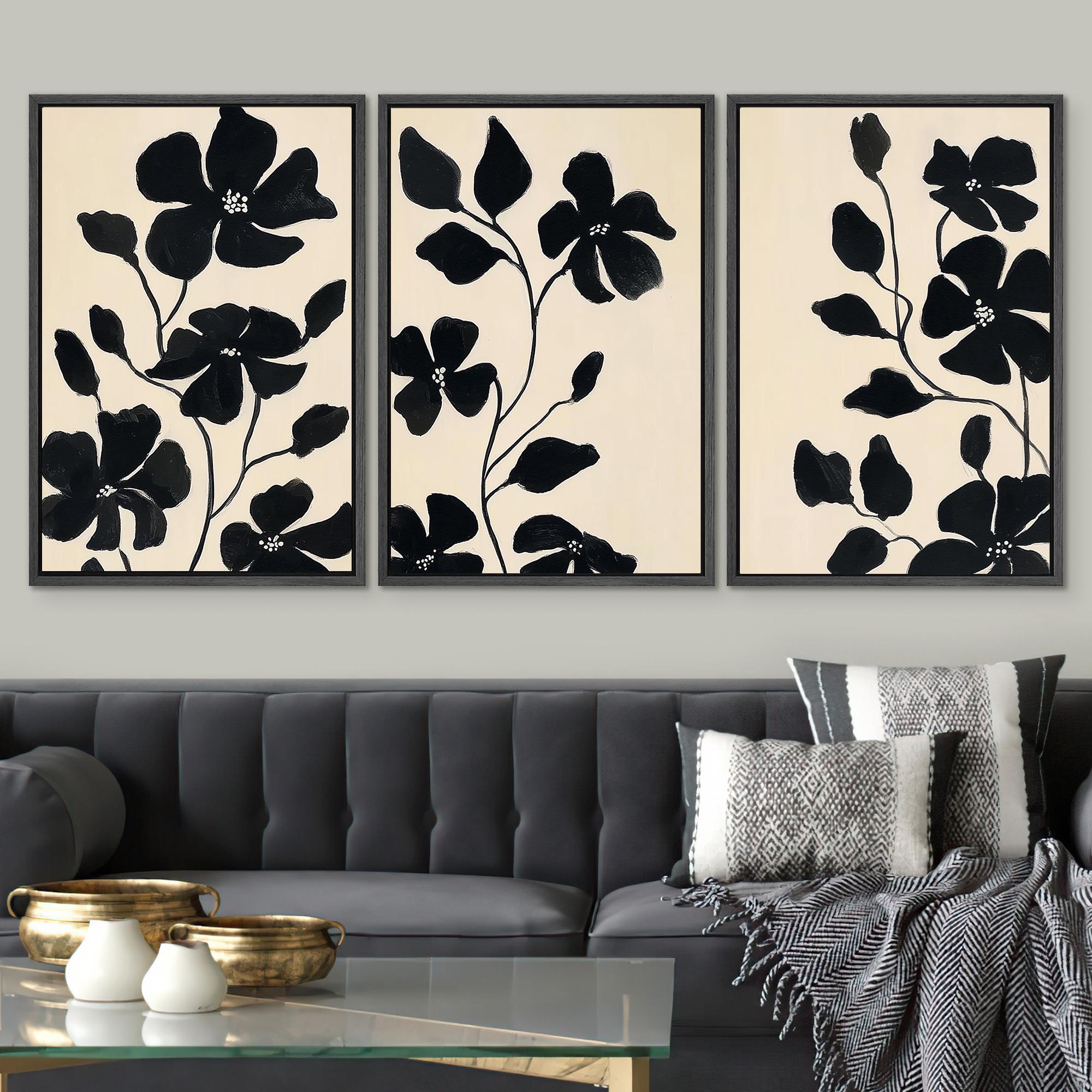 Large Framed Black Floral Wall Art Set of 3, Minimalist Botanical ...