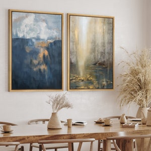 DustinWay Framed Canvas Wall Art Prints Set of 2 Abstract  Blue Gold Pastel Paint Modern Art Minimalist Decor