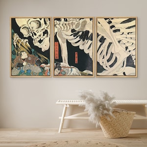 DustinWay Framed Canvas Print Wall Art Set of 3 Ukiyo-E Skeleton by Utagawa Takiyasha Japanese Art Edo Period Fine Art Prints Vintage Decor