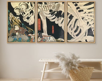DustinWay Framed Canvas Print Wall Art Set of 3 Ukiyo-E Skeleton by Utagawa Takiyasha Japanese Art Edo Period Fine Art Prints Vintage Decor