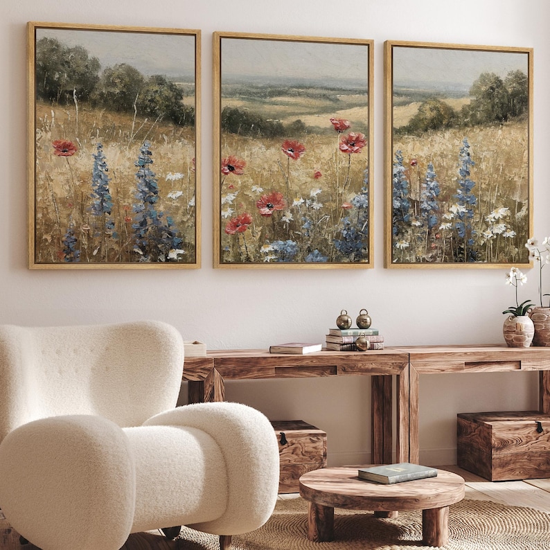 Rustic Wildflower Field Wall Art Set of 3 - Framed Landscape Canvas ...
