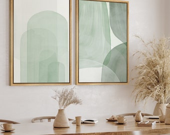 DustinWay Framed Canvas Wall Art Prints Set of 2 Abstract Sage Green Geometric Print Minimalist Modern Art Boho Wall Decor