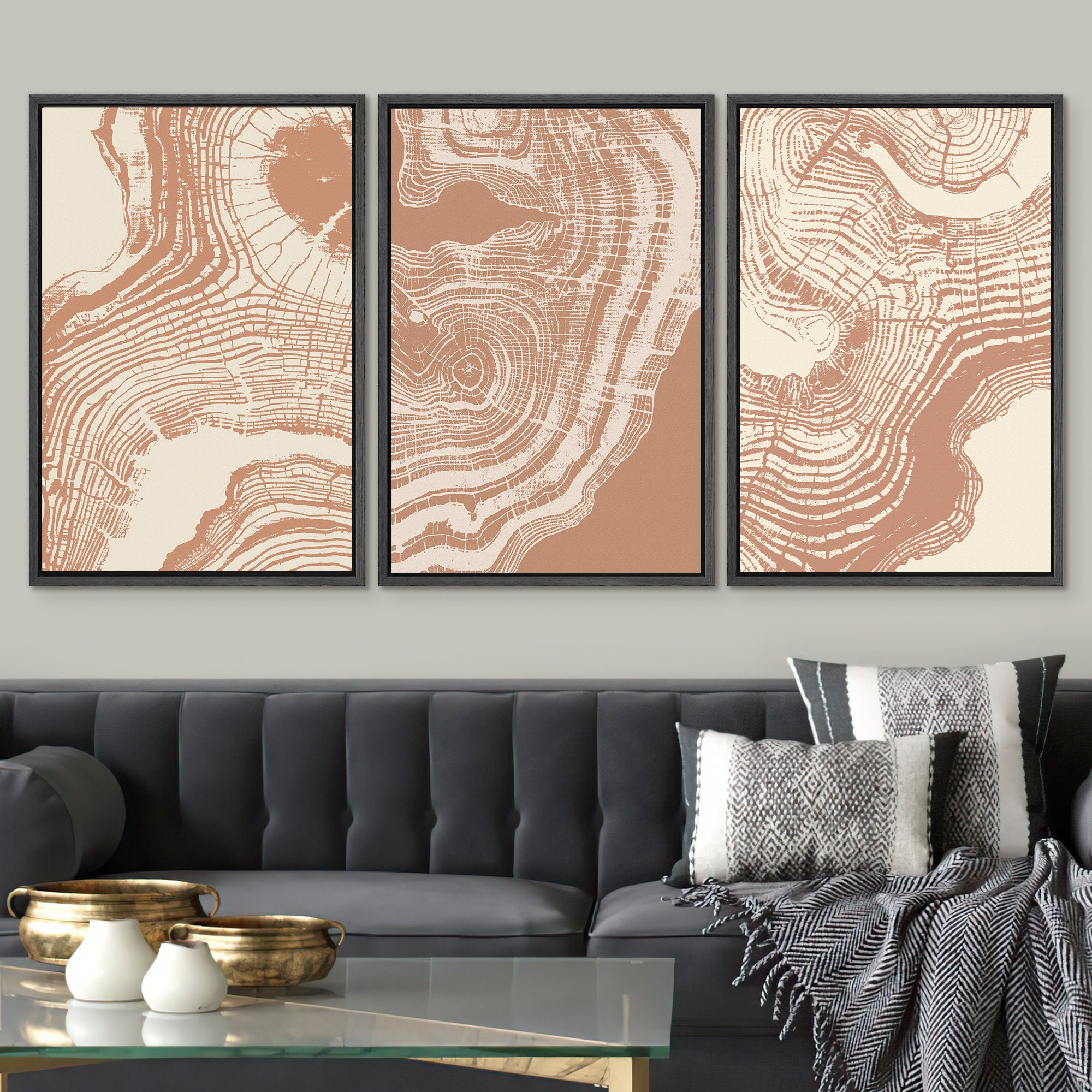 Dustinway Framed Canvas Print Wall Art Set of 3 Orange Wood Tree Rings ...
