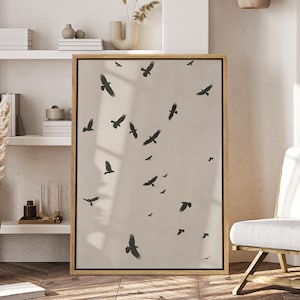 Minimalist Bird Silhouette Wall Art - Framed Black Flying Birds Canvas Print, Modern Boho Neutral Nature Decor for Living Room or Bedroom