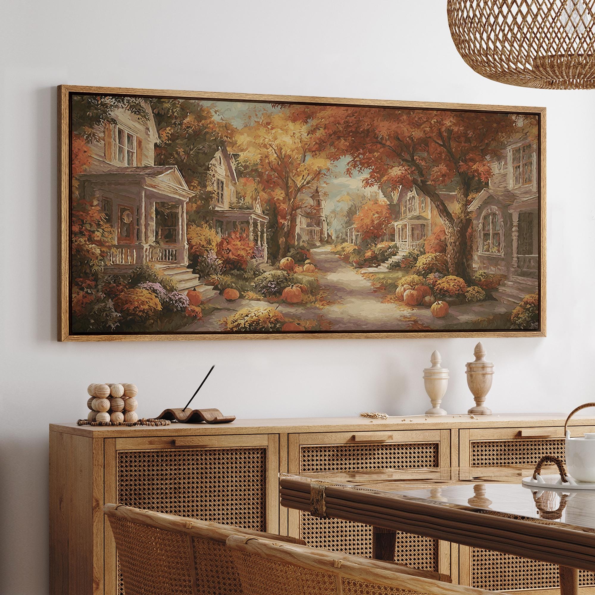 Cozy Autumn Village Wall Art - Large Framed Rustic Street Landscape with Houses & Pumpkins, Fall Seasonal Canvas Print for Living Room Decor