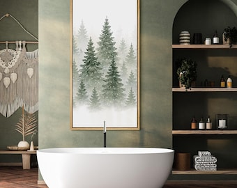 Watercolor Evergreen Forest Wall Art, Framed Snowy Pine Tree Winter Landscape Canvas Print, Minimalist Nature Christmas Decor for Hallway