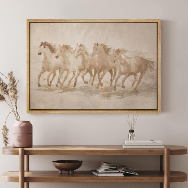 Framed Running Horses Wall Art, Neutral Horse Canvas Print, Western Animal Artwork, Minimal Rustic Decor for Living Room or Office
