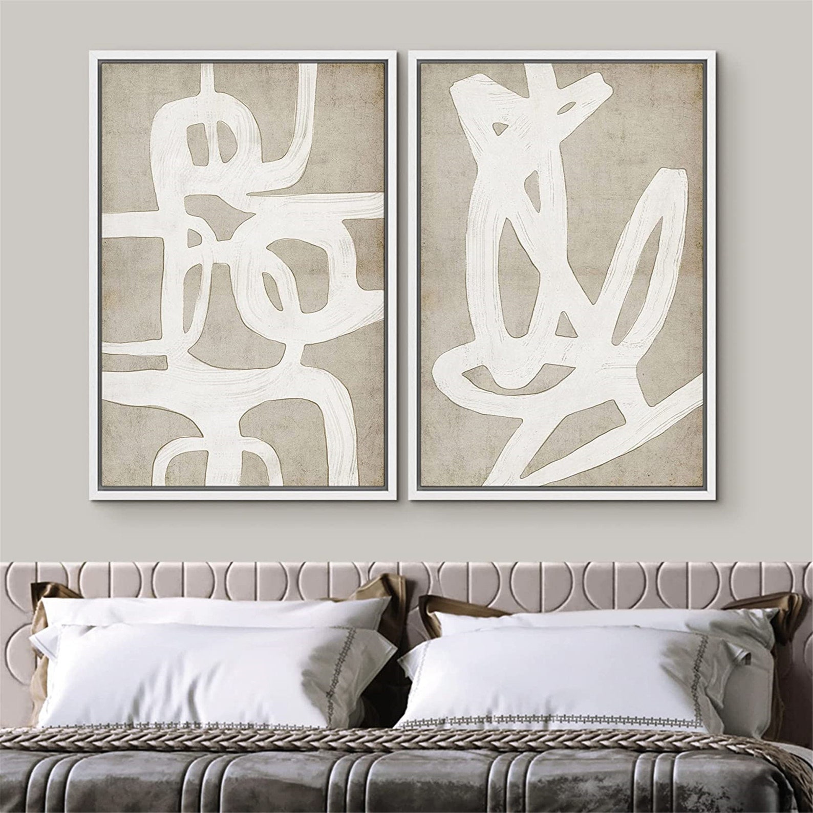 Dustinway Framed Canvas Print Wall Art Set of 2 Tan Paint Strokes ...
