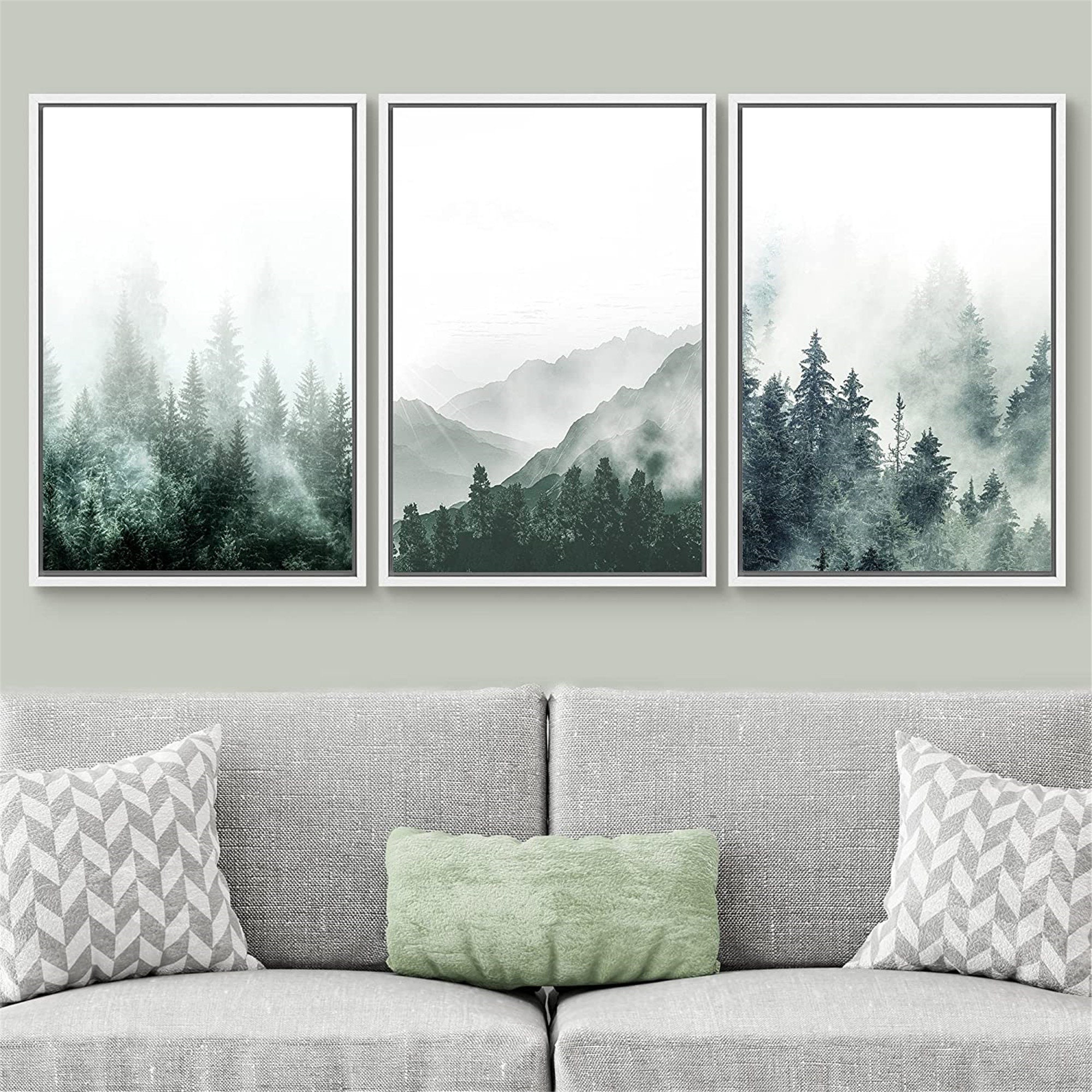 Dustinway Framed Canvas Print Wall Art Set of 3 Green Forest Mountain ...