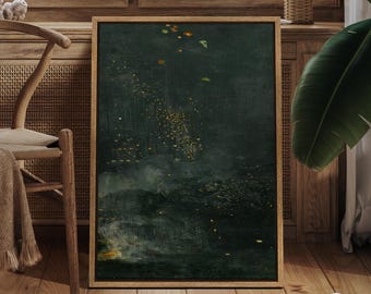 May include: Abstract art print in a wooden frame. The artwork features a dark green and gold color palette with a textured appearance. The painting has a moody, atmospheric quality, with hints of light and shadow.