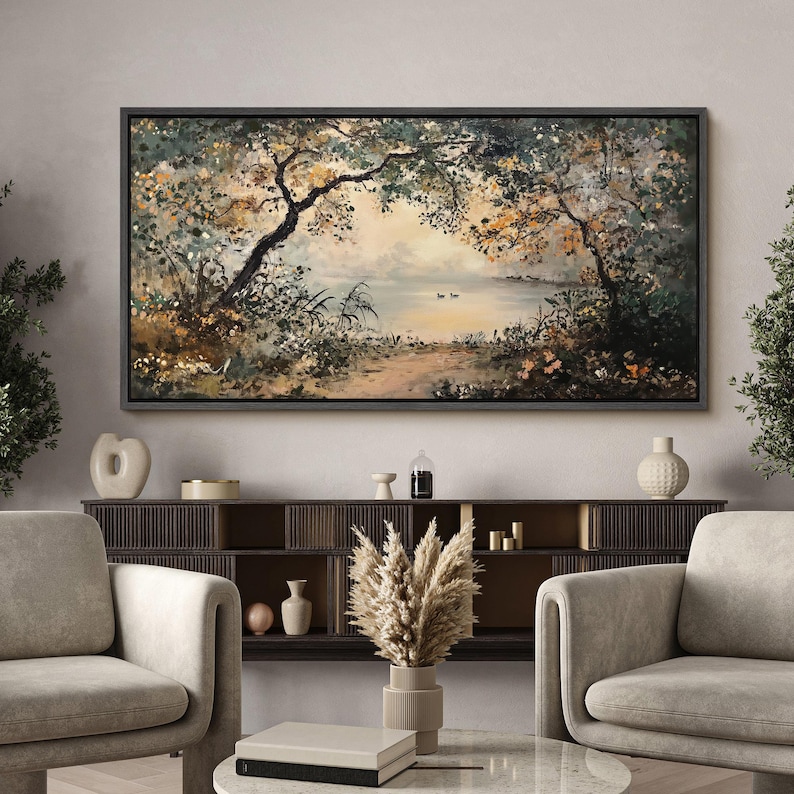 Large Wall Art Framed Canvas Vintage Abstract Lakeside Landscape Prints ...