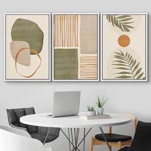 DustinWay Framed Canvas Print Wall Art Set of 3 Tropical Leaves Abstract Shapes Illustrations Mid Century Modern Art Boho Decor bundle of 3 -WHITE