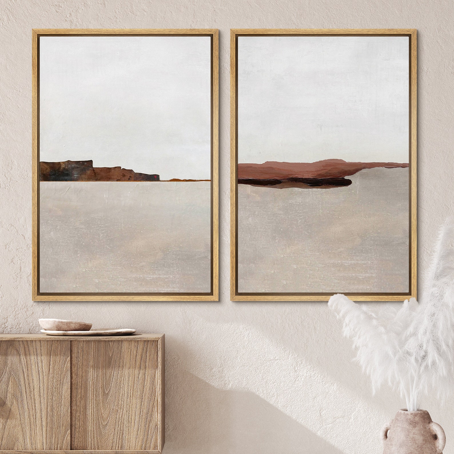 Dustinway Framed Canvas Print Wall Art Set of 2 Brown Pastel Abstract ...
