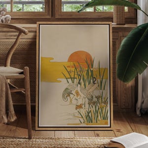 Framed Canvas Wall Art Japanese Crane and Sunset Prints Vintage Ukiyo-e Style Bird Poster Elegant Crane Home Decor for Japandi or Wabi-Sabi