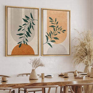 DustinWay Framed Canvas Print Wall Art Set of 2 Geometric Plants Polygons Abstract Shapes Illustration Mid Century Modern Art Boho Decor