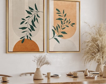 DustinWay Framed Canvas Print Wall Art Set of 2 Geometric Plants Polygons Abstract Shapes Illustration Mid Century Modern Art Boho Decor