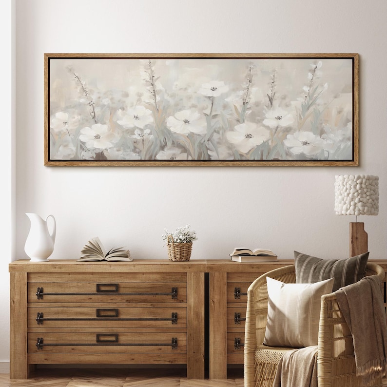 Large Wall Art Framed Canvas Neutral Floral Prints Soft White Flowers ...
