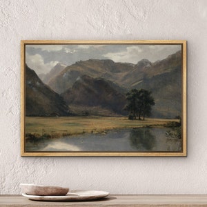 DustinWay Framed Canvas Print Wall Art River Mountain Landscape Vintage Art Modern Farmhouse Wall Decor