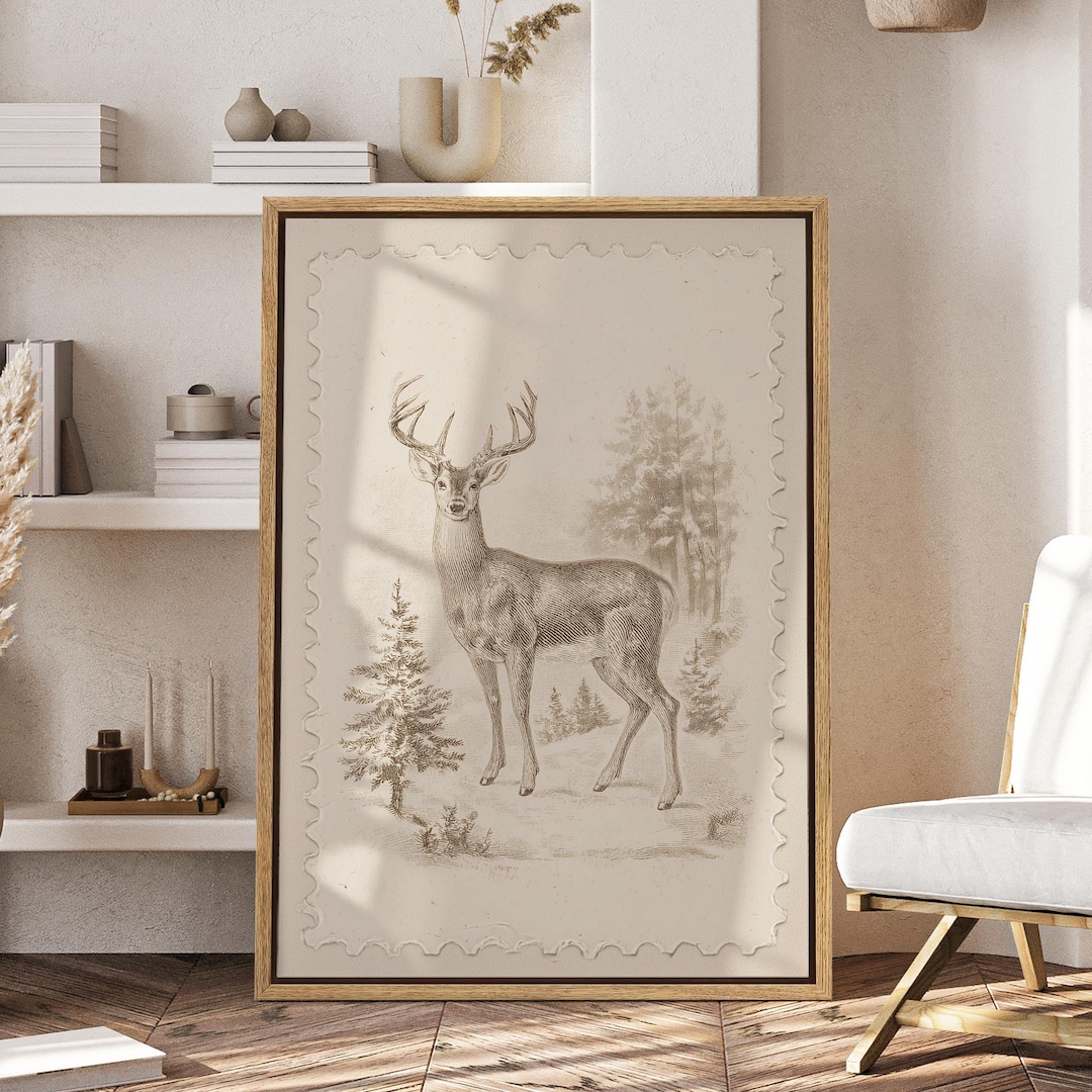 Framed Vintage Deer Wall Art, Woodland Buck Canvas Print, Rustic Forest ...