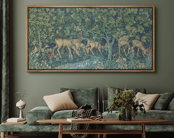 Large Vintage Deer Forest Wall Art, Woodland Tapestry Style Canvas Print, Classic Nature Animal Decor for Living Room Bedroom