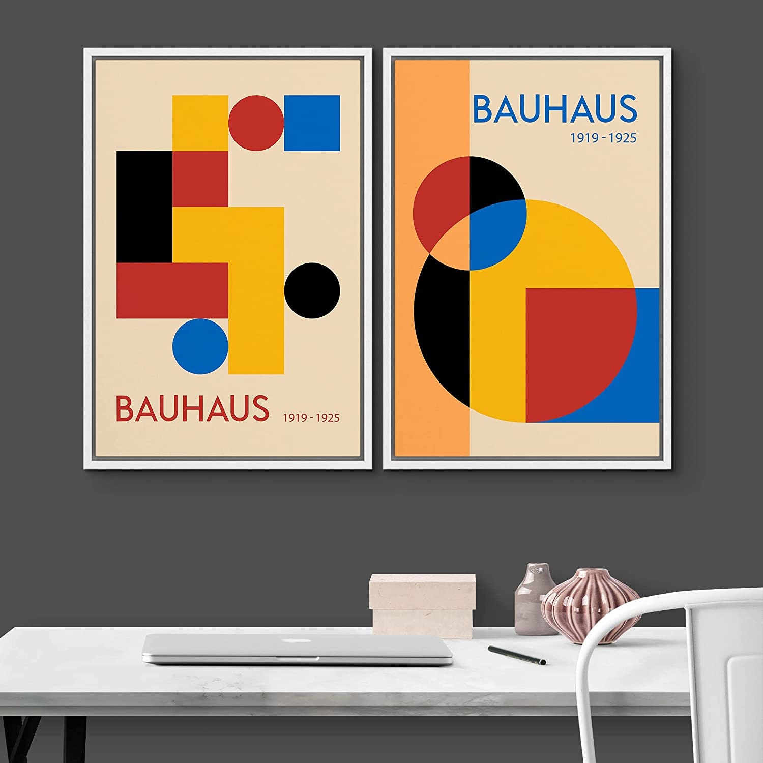 Dustinway Framed Canvas Print Wall Art Set of 2 Bauhaus Abstract Shapes ...