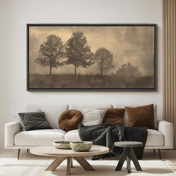 Large Framed Sepia Tree Landscape Wall Art, Minimalist Nature