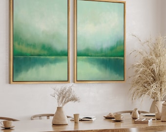 DustinWay Framed Canvas Print Wall Art Set of 2 Green Abstract Landscape Modern Art Minimalist Decor