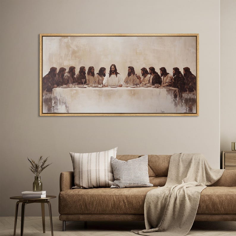 Large Framed Canvas The Last Supper Religious Wall Art Jesus Christ and Disciples Classic Biblical Painting Vintage Art Church Wall Decor