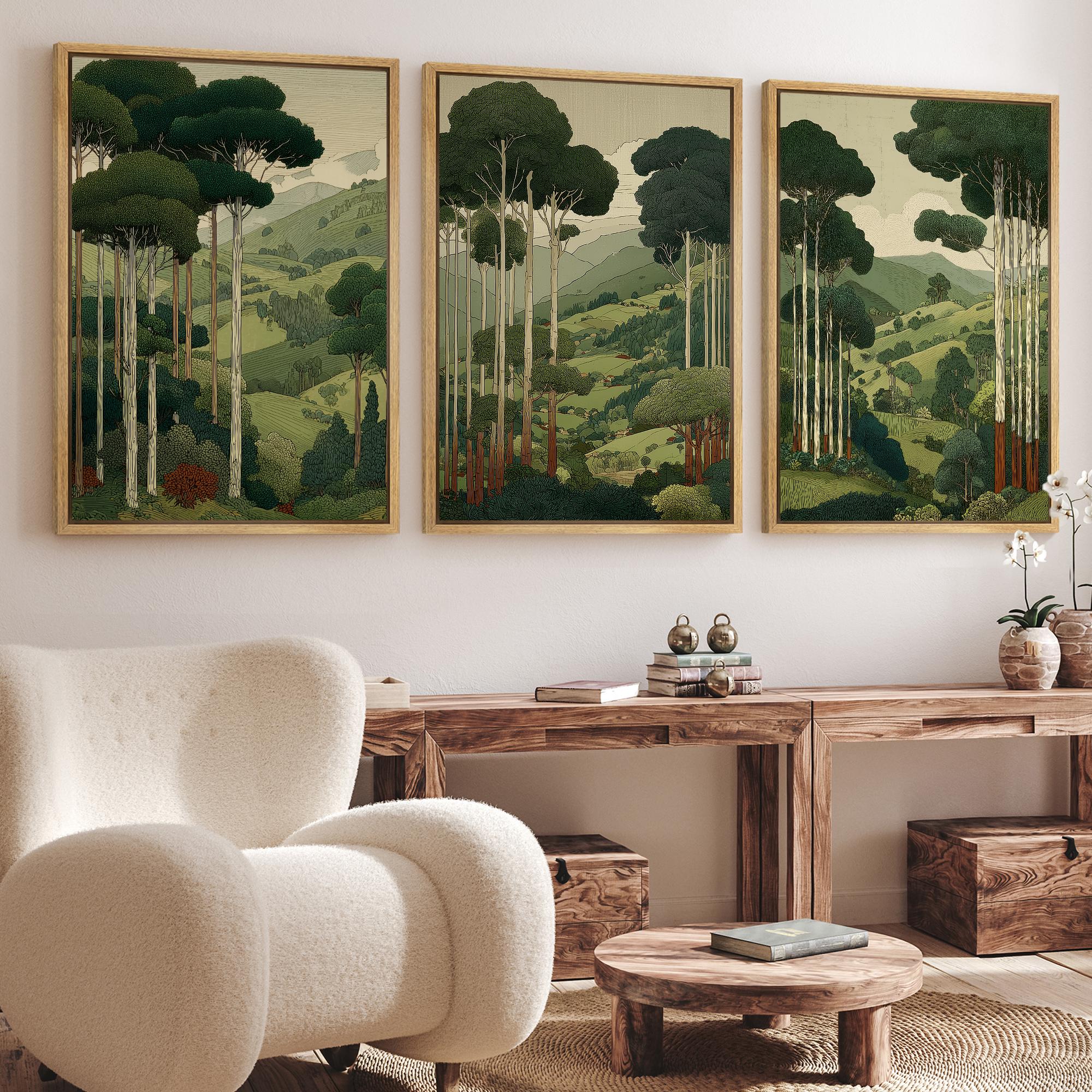 Japanese Forest Landscape Framed Wall Art Set of 3, Retro Woodland