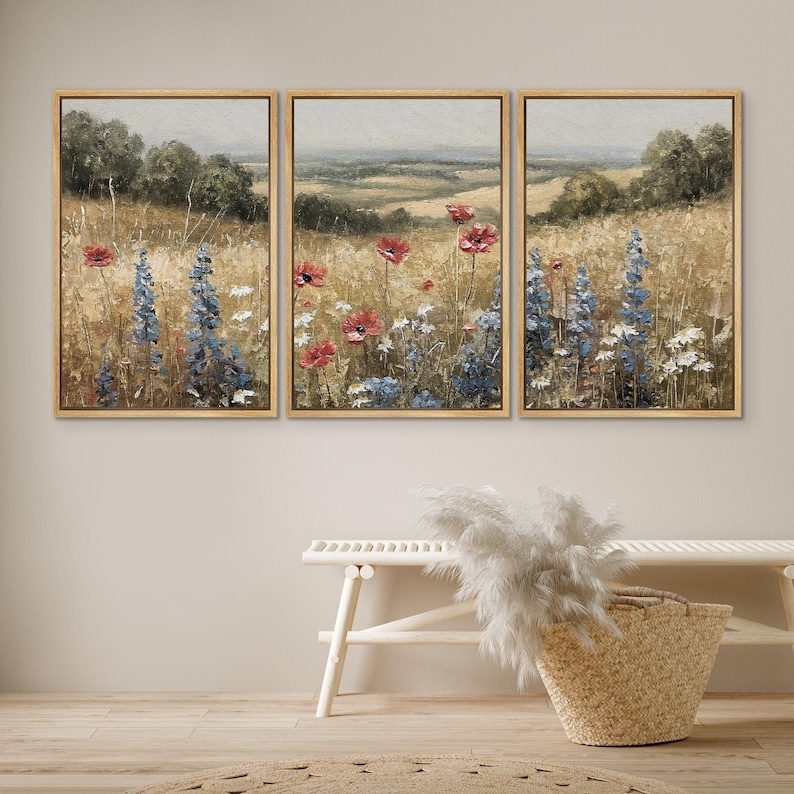 Rustic Wildflower Field Wall Art Set of 3 - Framed Landscape Canvas ...