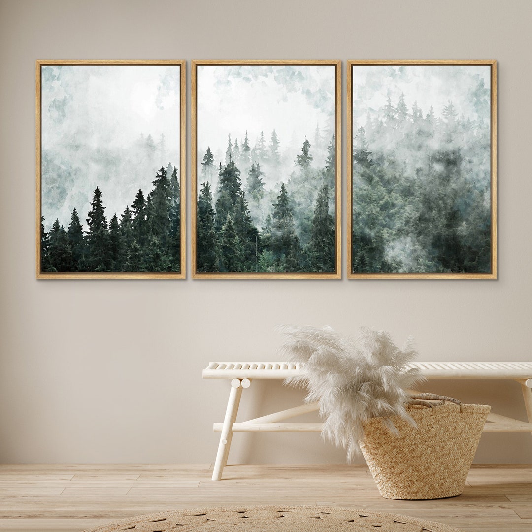 Dustinway Framed Canvas Print Wall Art Set of 3 Green Forest Mountain ...