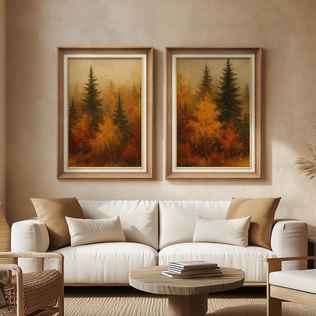 Framed Autumn Forest Wall Art Set of 2, Fall Pine Tree Landscape Prints ...