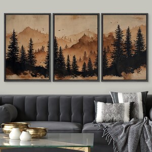 Mountain Forest Wall Art, Large Framed Rustic Landscape with Pine Tree Silhouettes, Vintage Cabin Decor for Lodge, Living Room or Office Set of 3 - Black