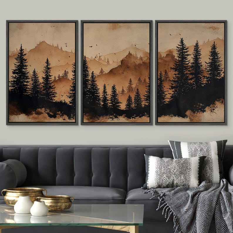 Mountain Forest Wall Art, Large Framed Rustic Landscape with Pine Tree Silhouettes, Vintage Cabin Decor for Lodge, Living Room or Office Set of 3 - Black