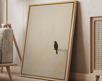 Minimalist Bird Wall Art - Framed Black Bird Silhouette Canvas Print, Modern Neutral Beige Scandinavian Decor for Living Room or Bedroom
