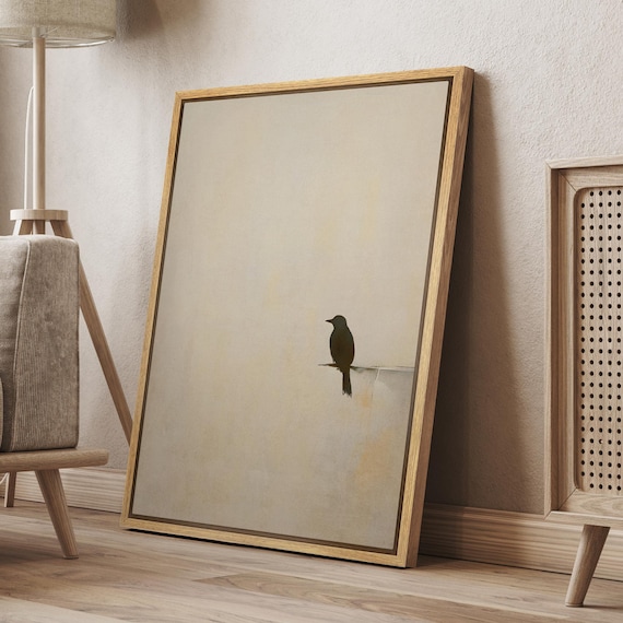 Minimalist Bird Wall Art - Framed Black Bird Silhouette Canvas Print, Modern Neutral Beige Scandinavian Decor for Living Room or Bedroom