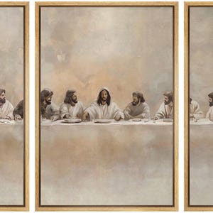 May include: A triptych artwork depicting the Last Supper. The image features a central panel with Jesus and his disciples seated at a table. The artwork is framed in a light brown wooden frame and has a soft, muted colour palette.