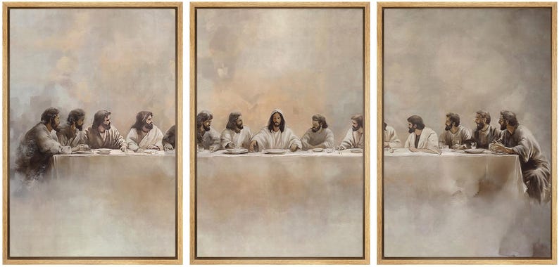 May include: A triptych artwork depicting the Last Supper. The image features a central panel with Jesus and his disciples seated at a table. The artwork is framed in a light brown wooden frame and has a soft, muted colour palette.